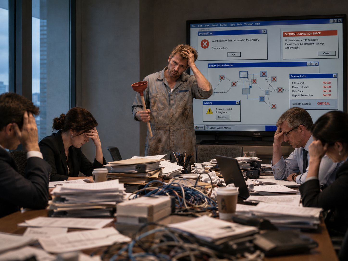 A soaked engineer with a plunger presents a wall of failed jobs to an exhausted board