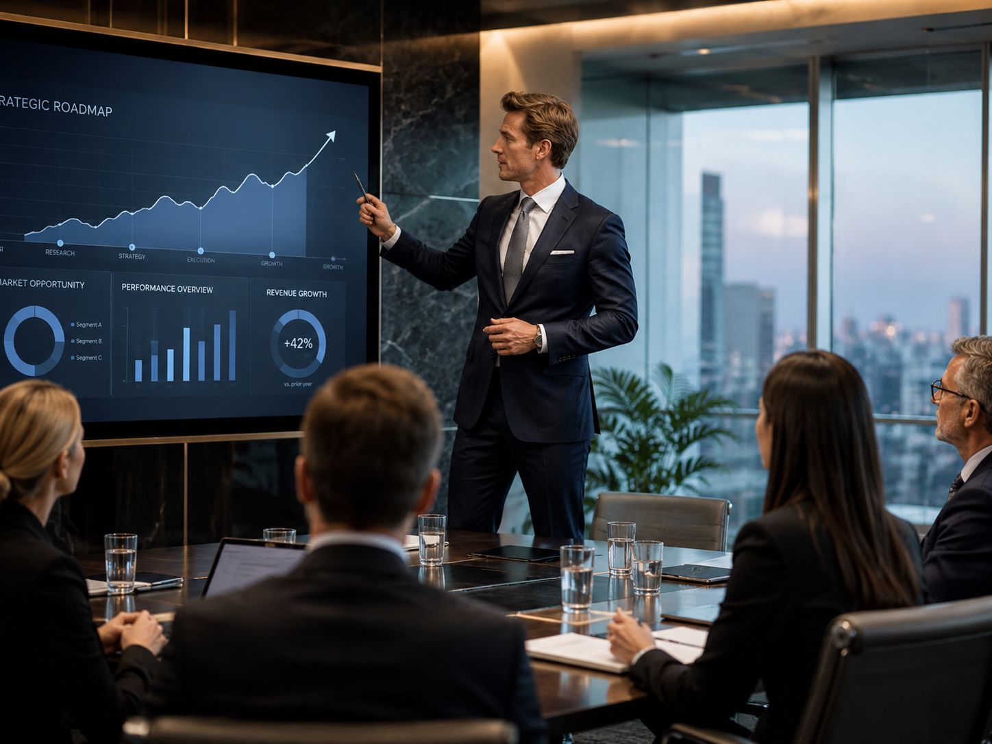 An executive presenting a strategic roadmap to an attentive board